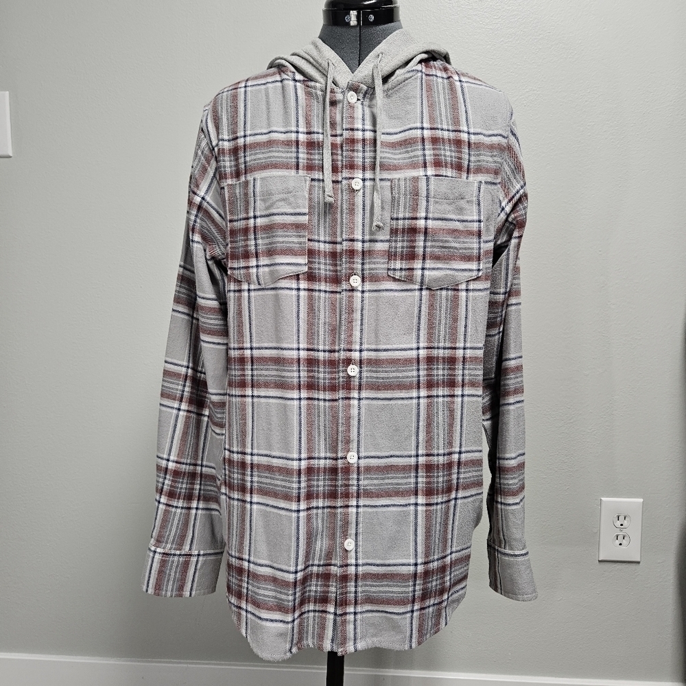Pacsun Hooded Grey Plaid Button Up Oversize Flannel Shacket Jacket Womens Small - Picture 11 of 13